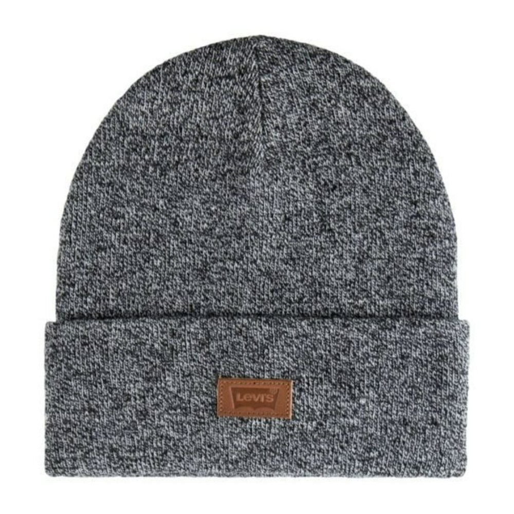 LEVI'S One Size Marl Grey All Season Leather Logo Patch Cuffed Knit BEANIE NWT